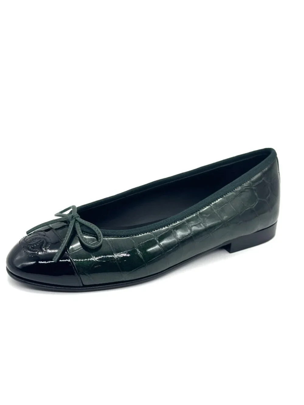 CHANEL 26A Crocodile Embossed Patent Leather Cap Toe Bow Ballerina Ballet Flats - Picture 3 of 16